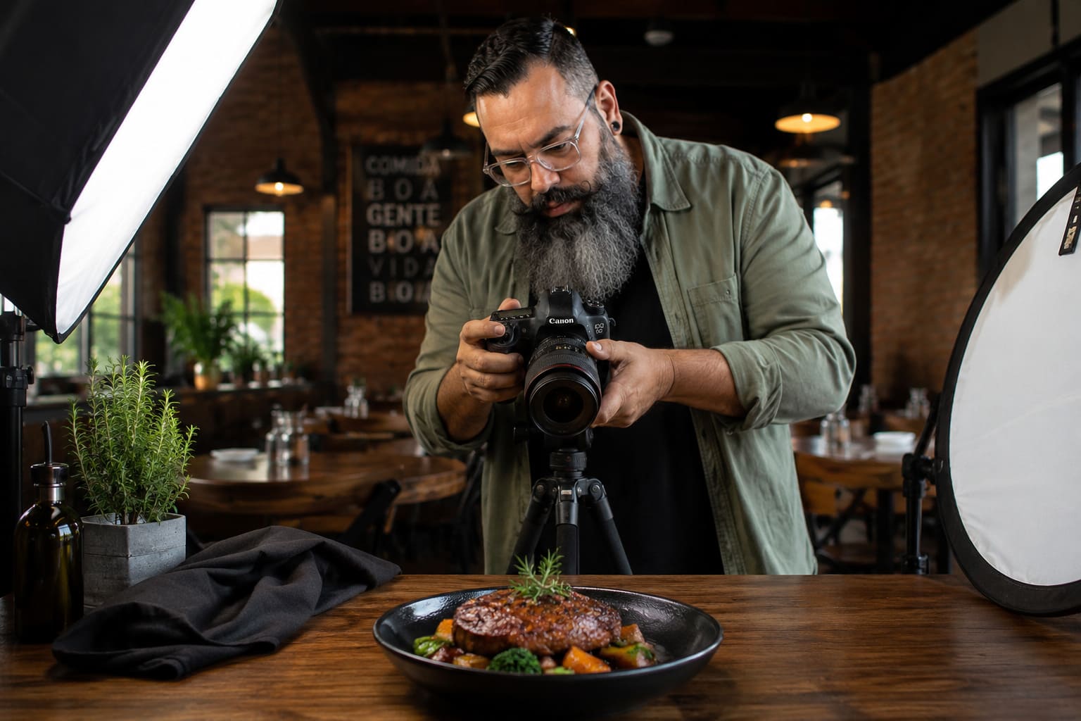 Adriano de Azeredo fotografando gastronomia em restaurante